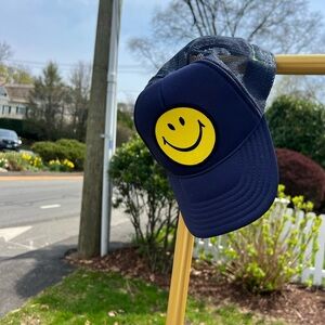 Navy Blue Trucker Hat with Yellow Smiley Face